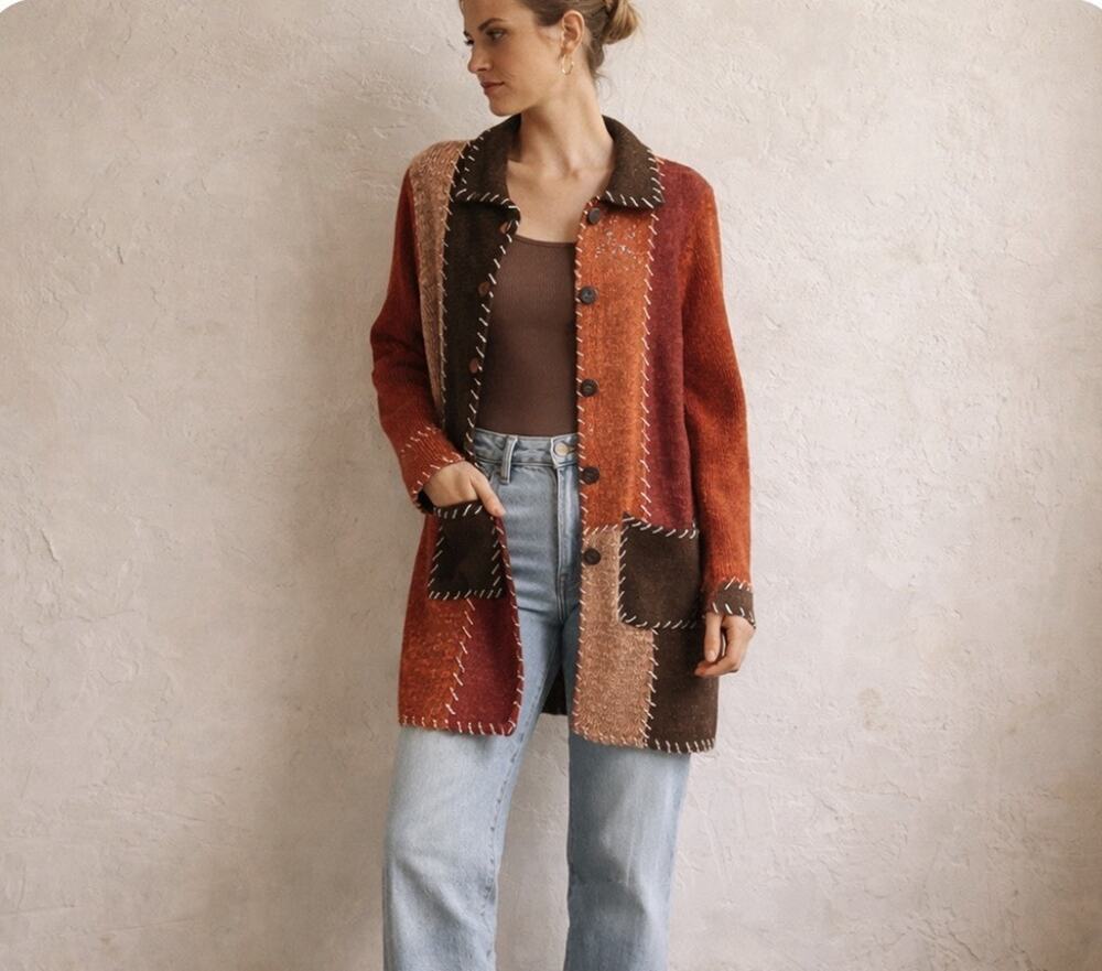 Vtg Cervelle Earthy Patchwork Whipstitch Details Pkts Ovrszd Btns LS Collar READ